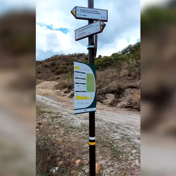 Composición de diferentes tipos de señalización para espacios naturales instaladas en un sendero, mostrando la versatilidad de diseños.