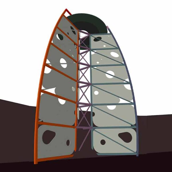 Render de la torre de escalada, mostrando el diseño final y la estructura construida por NENENKI en La Cañada.
