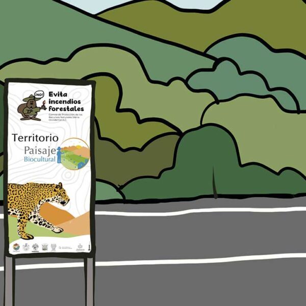 Ilustración de montañas, carretera y letrero como diseño preliminar de espectacular